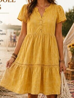 KNOX ROSE BOHO BABYDOLL RUFFLED DRESS MUSTARD‎ GOLD YELLOW